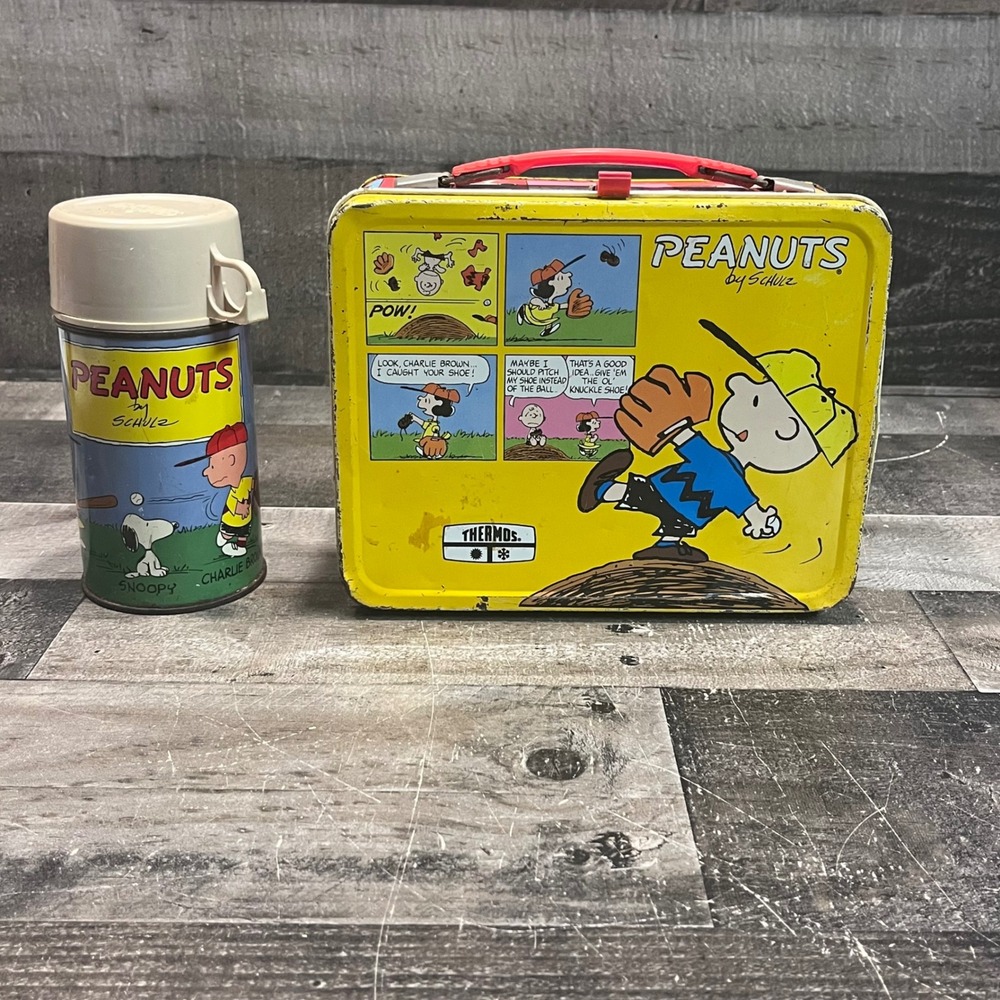 Vintage Peanuts Thermos Metal Lunch Box & Thermos Set Charlie Brown Snoopy 1970s